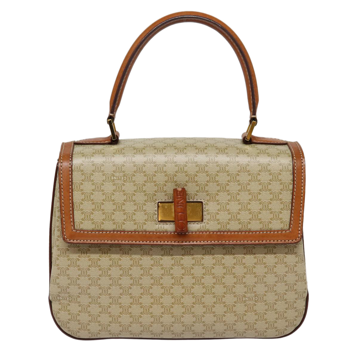 CELINE Macadam Canvas Hand Bag Beige Gold Auth 88751