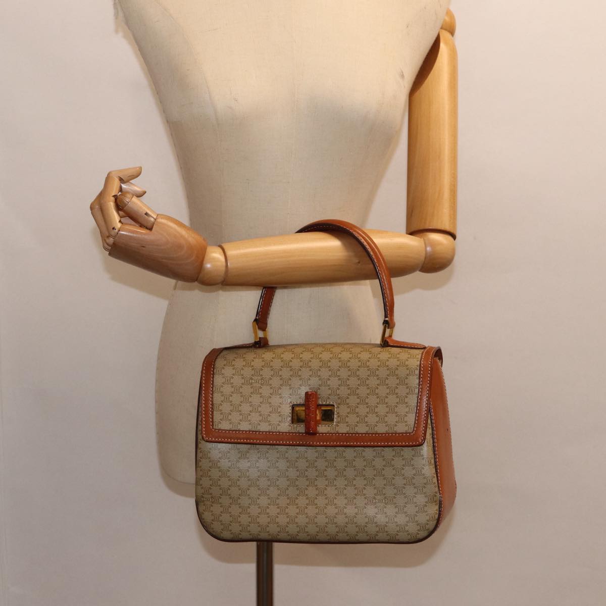 CELINE Macadam Canvas Hand Bag Beige Gold Auth 88751