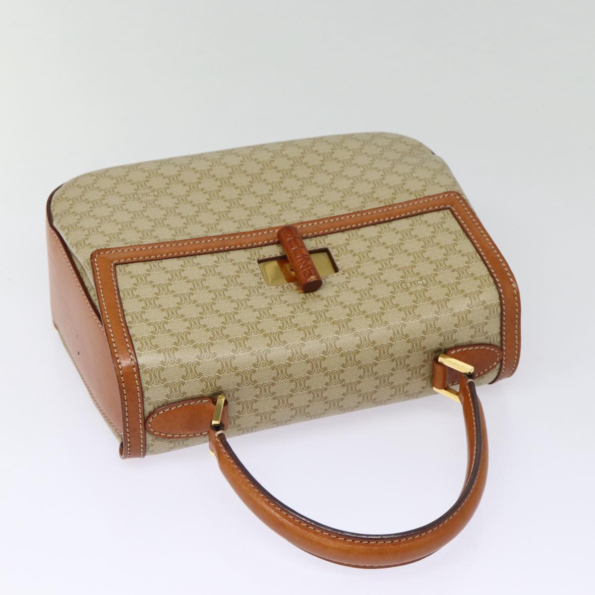 CELINE Macadam Canvas Hand Bag Beige Gold Auth 88751