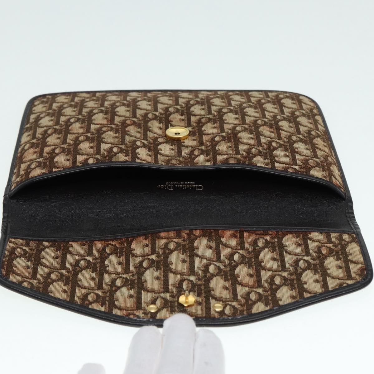 Christian Dior Trotter Canvas Clutch Bag Brown Gold Auth 88753