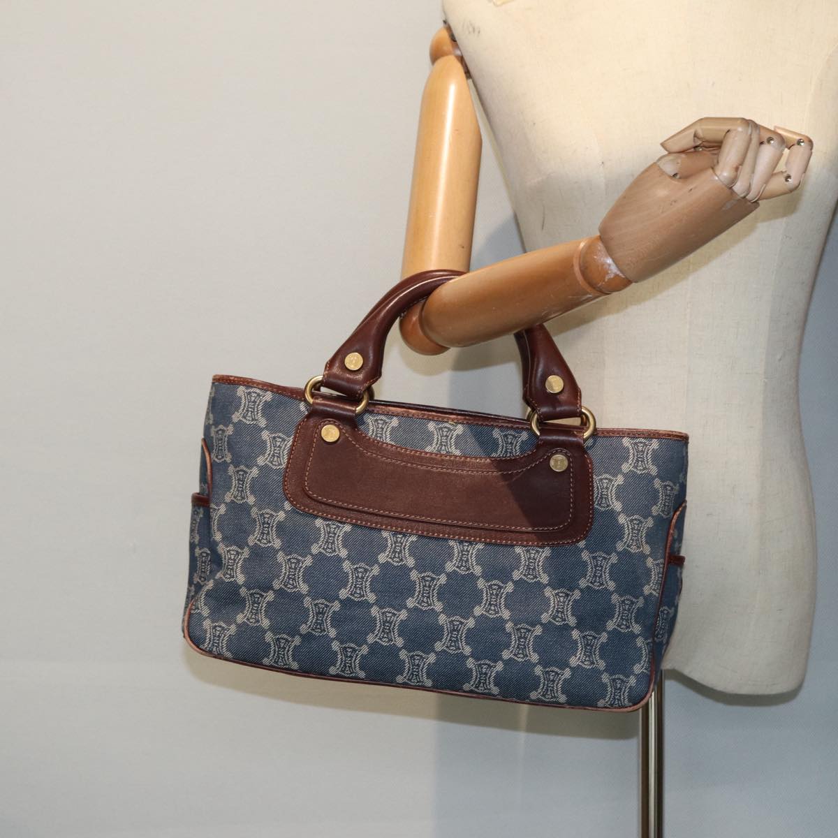 CELINE Paris Macadam Canvas boogie Hand Bag Blue Gold Auth 88761