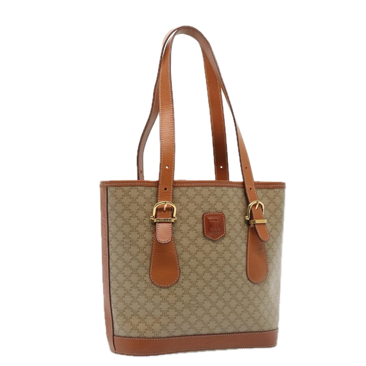 CELINE Macadam Canvas Tote Bag Beige Gold Auth 88763