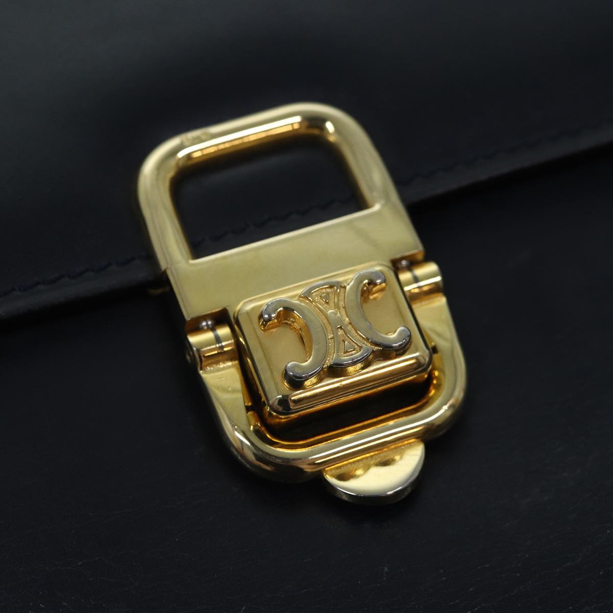 CELINE Shoulder Bag Leather Navy Gold Auth 88765