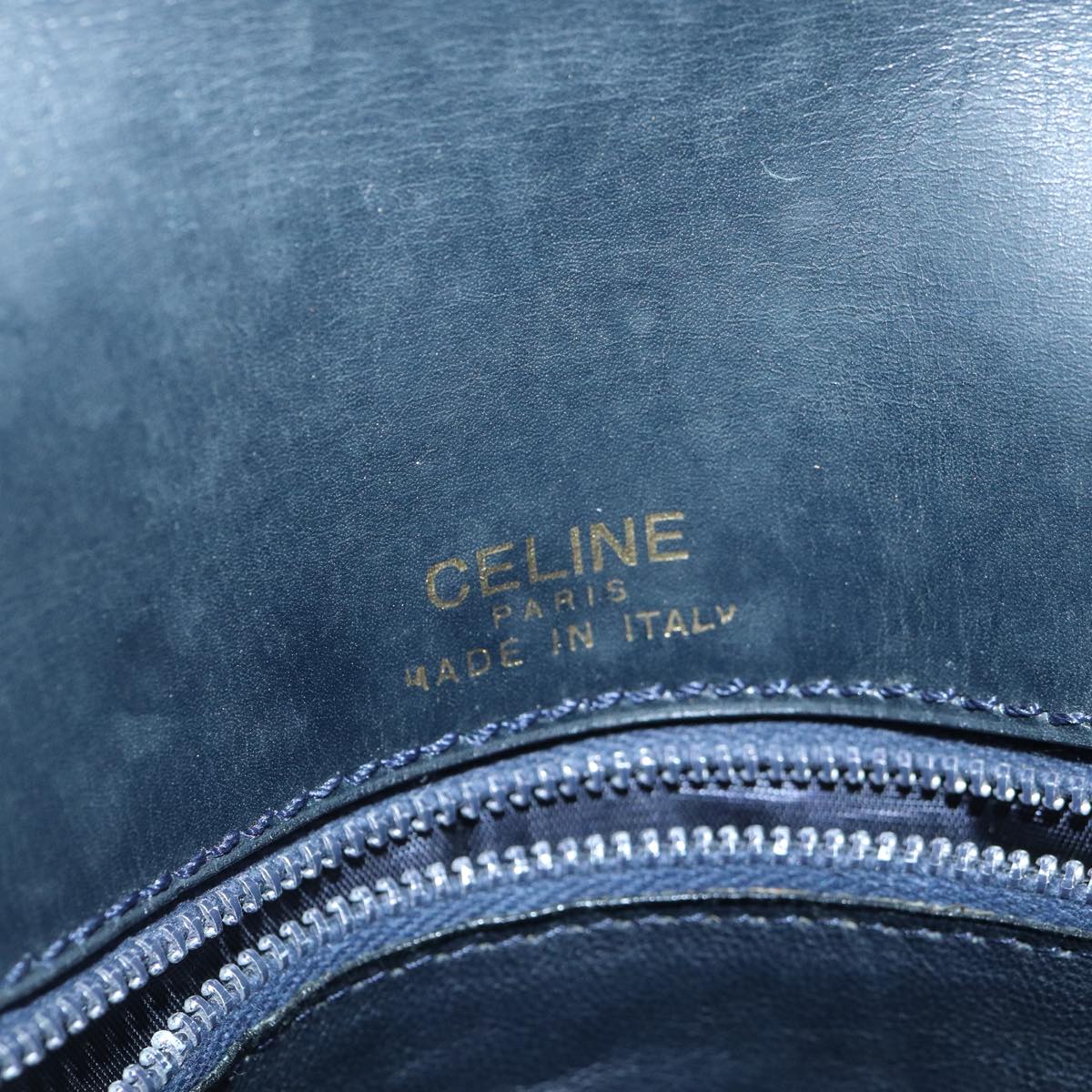 CELINE Shoulder Bag Leather Navy Gold Auth 88765