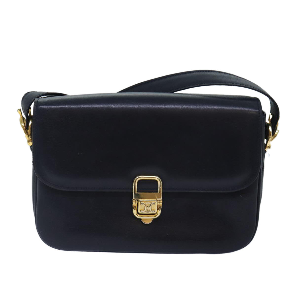 CELINE Shoulder Bag Leather Navy Gold Auth 88765