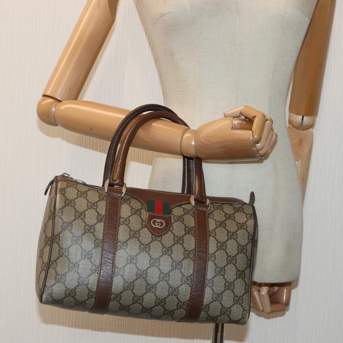 GUCCI GG Supreme Web Sherry Line Boston Bag PVC Beige Gold Auth 88771