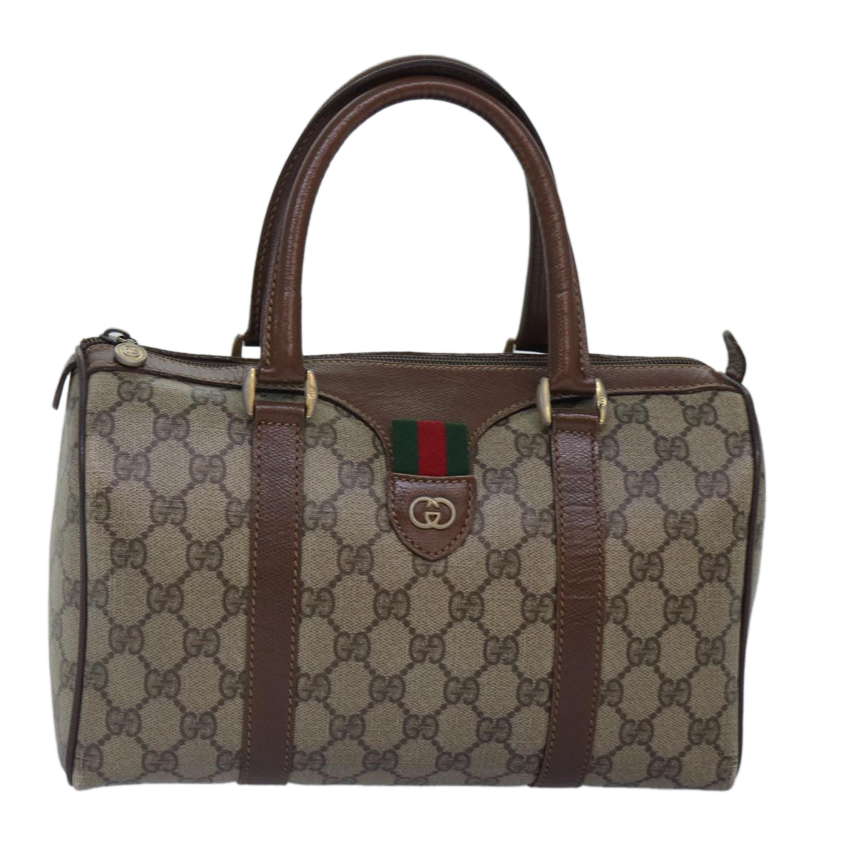 GUCCI GG Supreme Web Sherry Line Boston Bag PVC Beige Gold Auth 88771