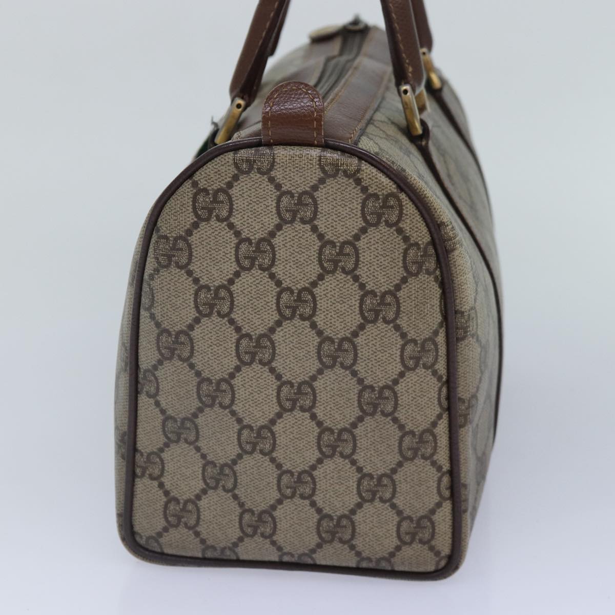 GUCCI GG Supreme Web Sherry Line Boston Bag PVC Beige Gold Auth 88771