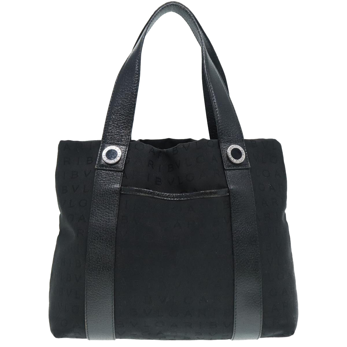 BVLGARI Tote Bag Canvas Leather Black Silver Auth 88780