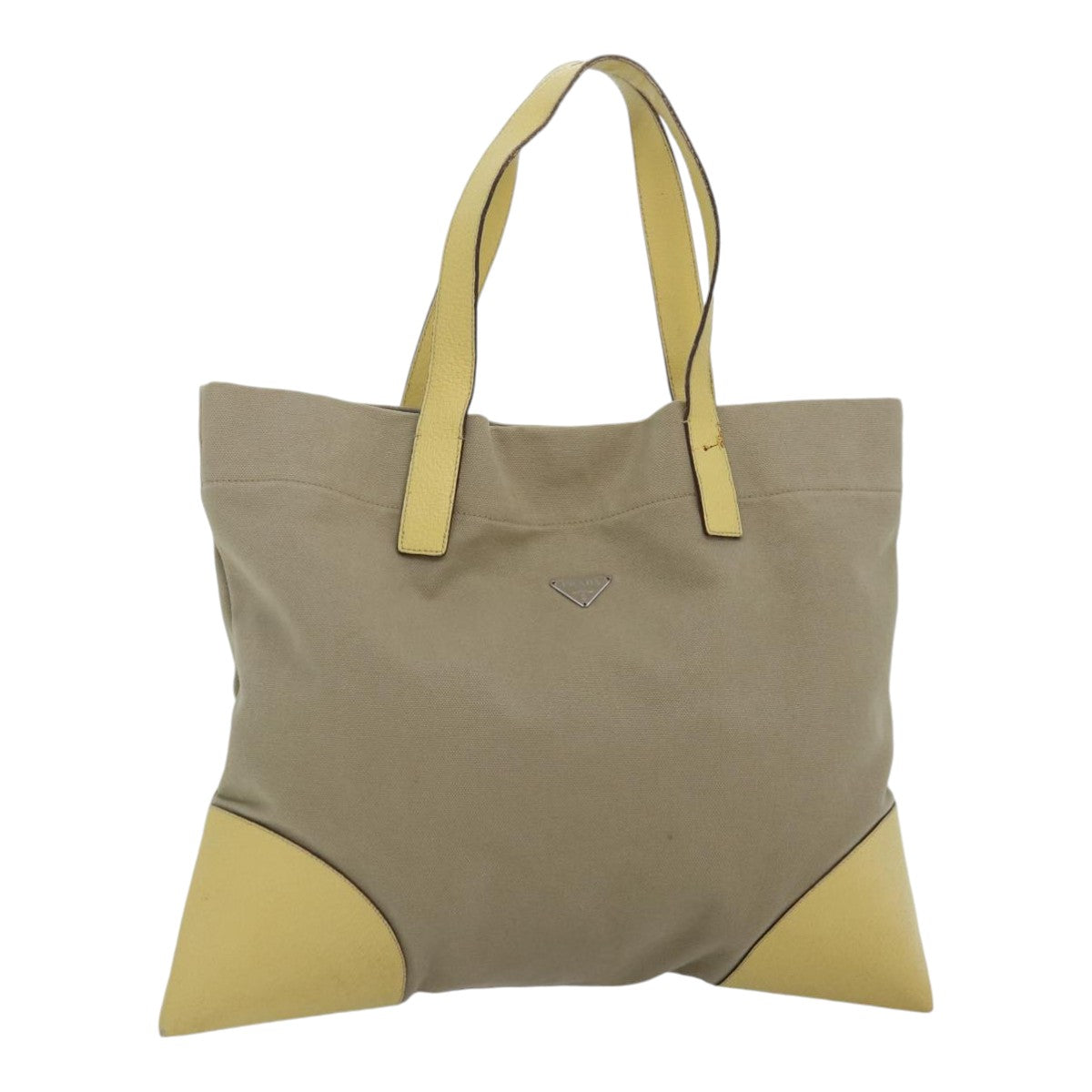 PRADA Tote Bag Canvas Leather Beige Yellow Auth 88797