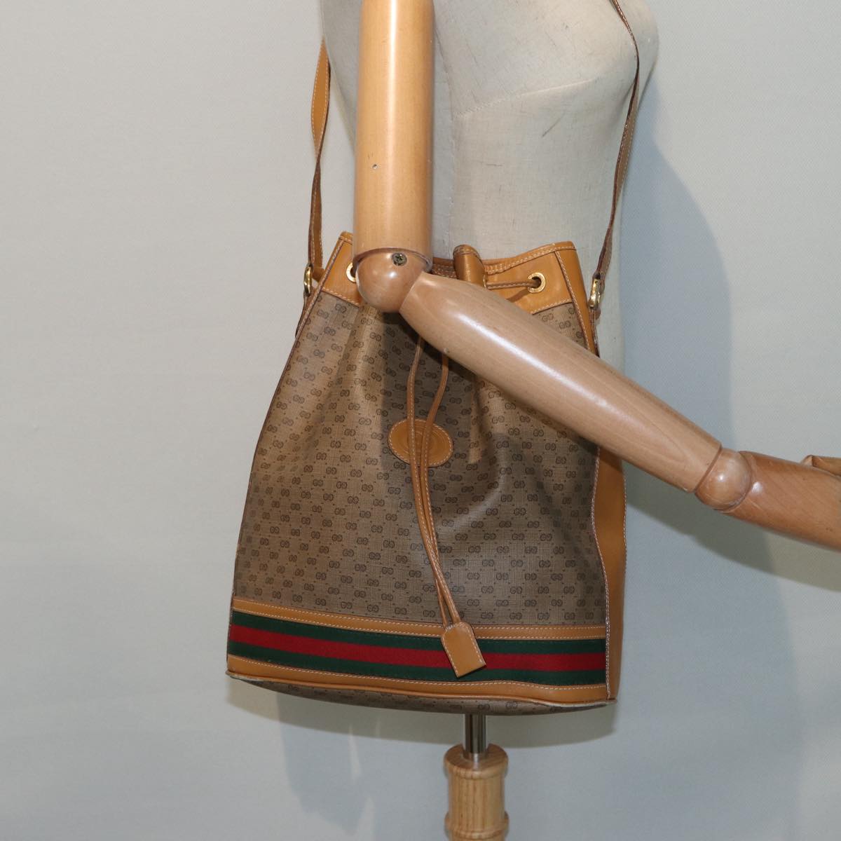 GUCCI Micro GG Supreme Web Sherry Line Shoulder Bag PVC Brown Gold Auth 88809