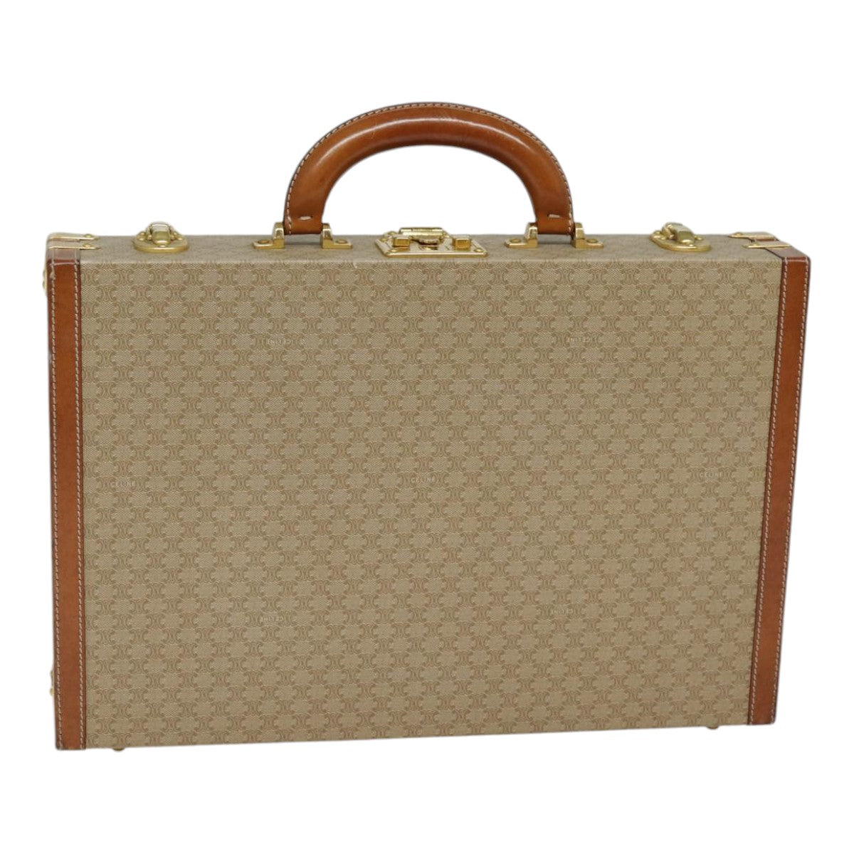 CELINE Macadam Canvas Attache Case Beige Brown Gold Auth 88818