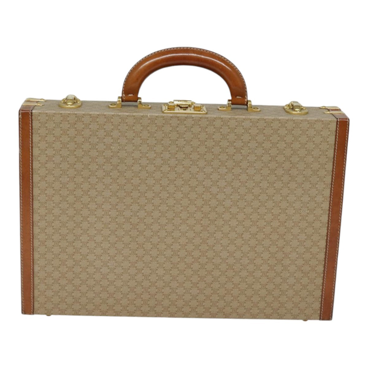 CELINE Macadam Canvas Attache Case Beige Brown Gold Auth 88818