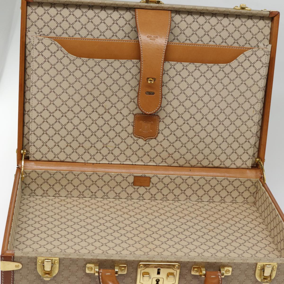 CELINE Macadam Canvas Attache Case Beige Brown Gold Auth 88818