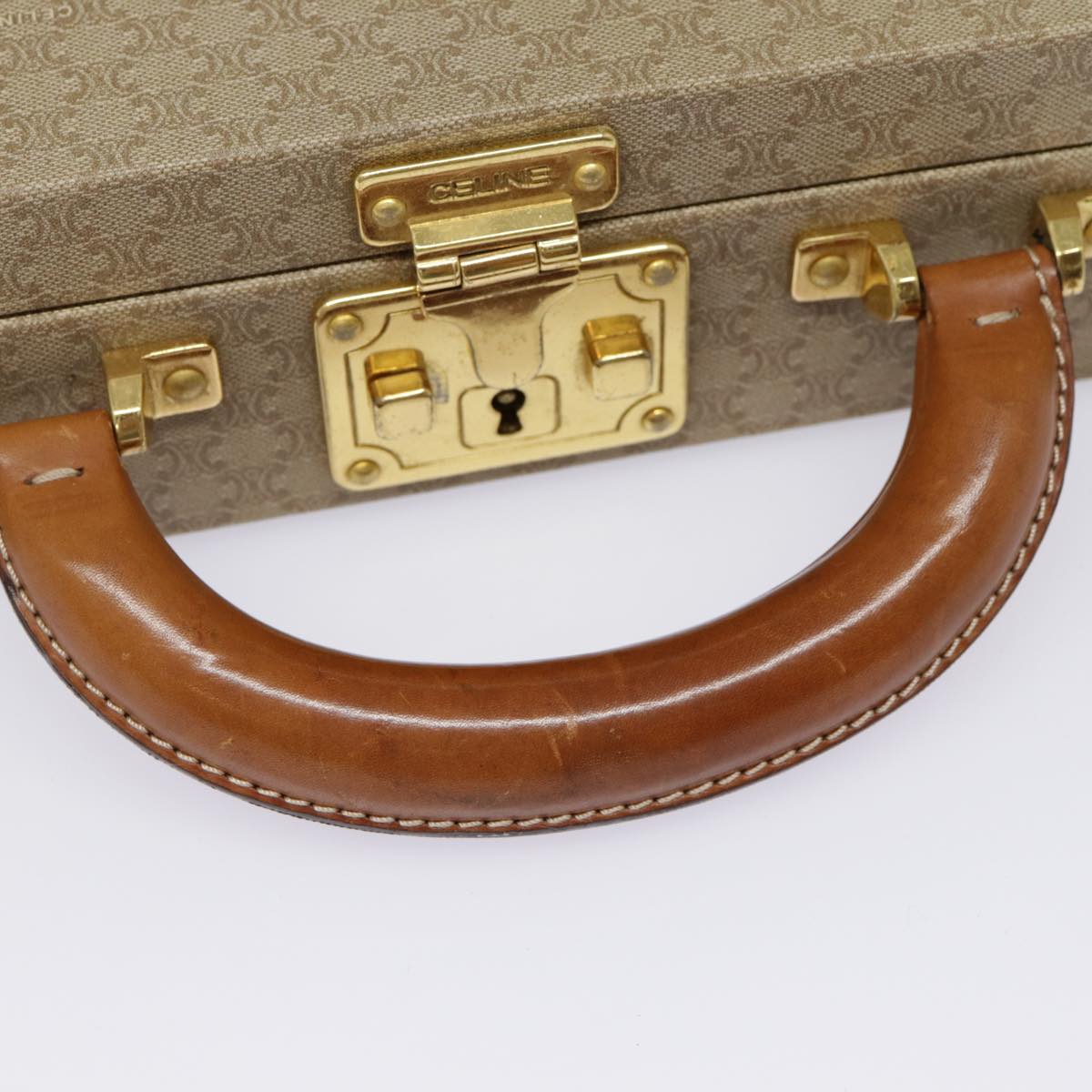 CELINE Macadam Canvas Attache Case Beige Brown Gold Auth 88818