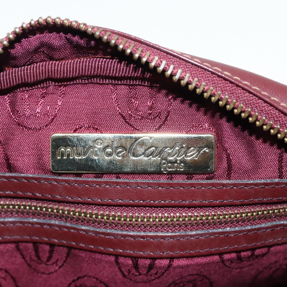 CARTIER Shoulder Bag Leather Red Gold Auth 88833