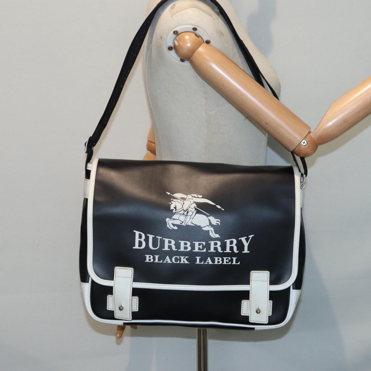 BURBERRY Black Label Shoulder Bag PVC Canvas Black White Silver Auth 88840