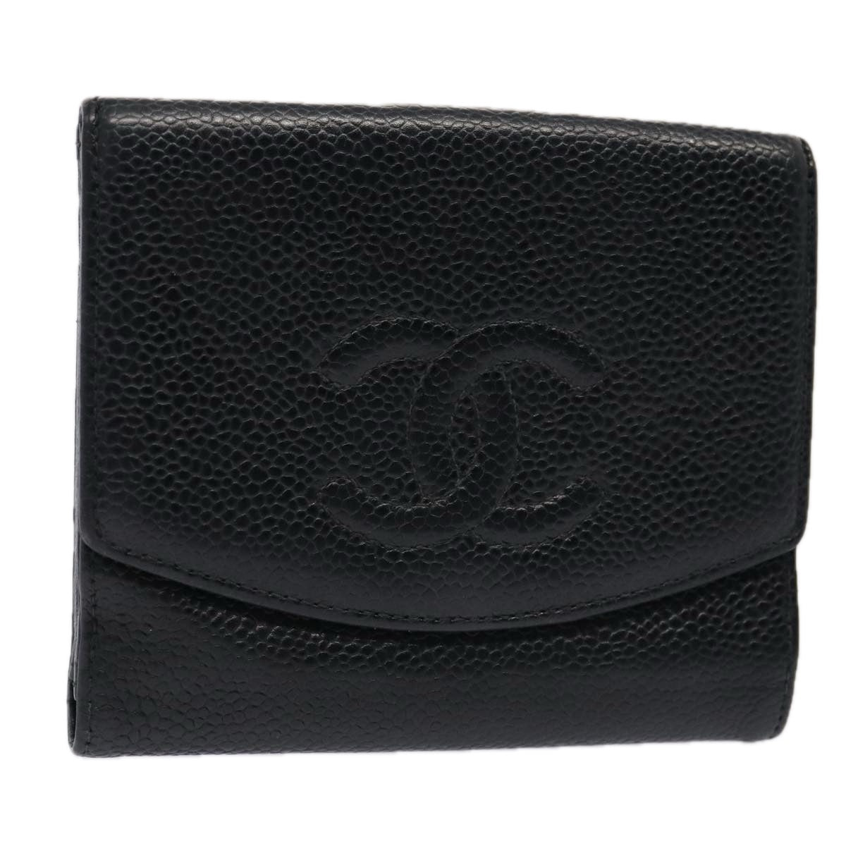 CHANEL COCO Mark Wallet Caviar Skin Black Gold CC Auth 88848