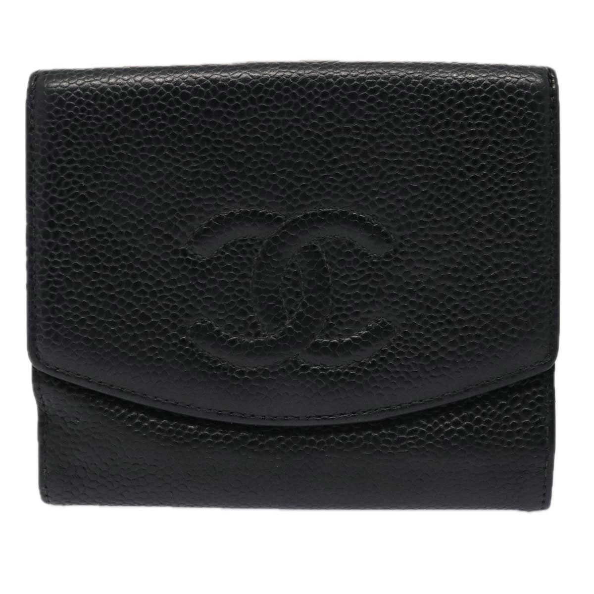 CHANEL COCO Mark Wallet Caviar Skin Black Gold CC Auth 88848