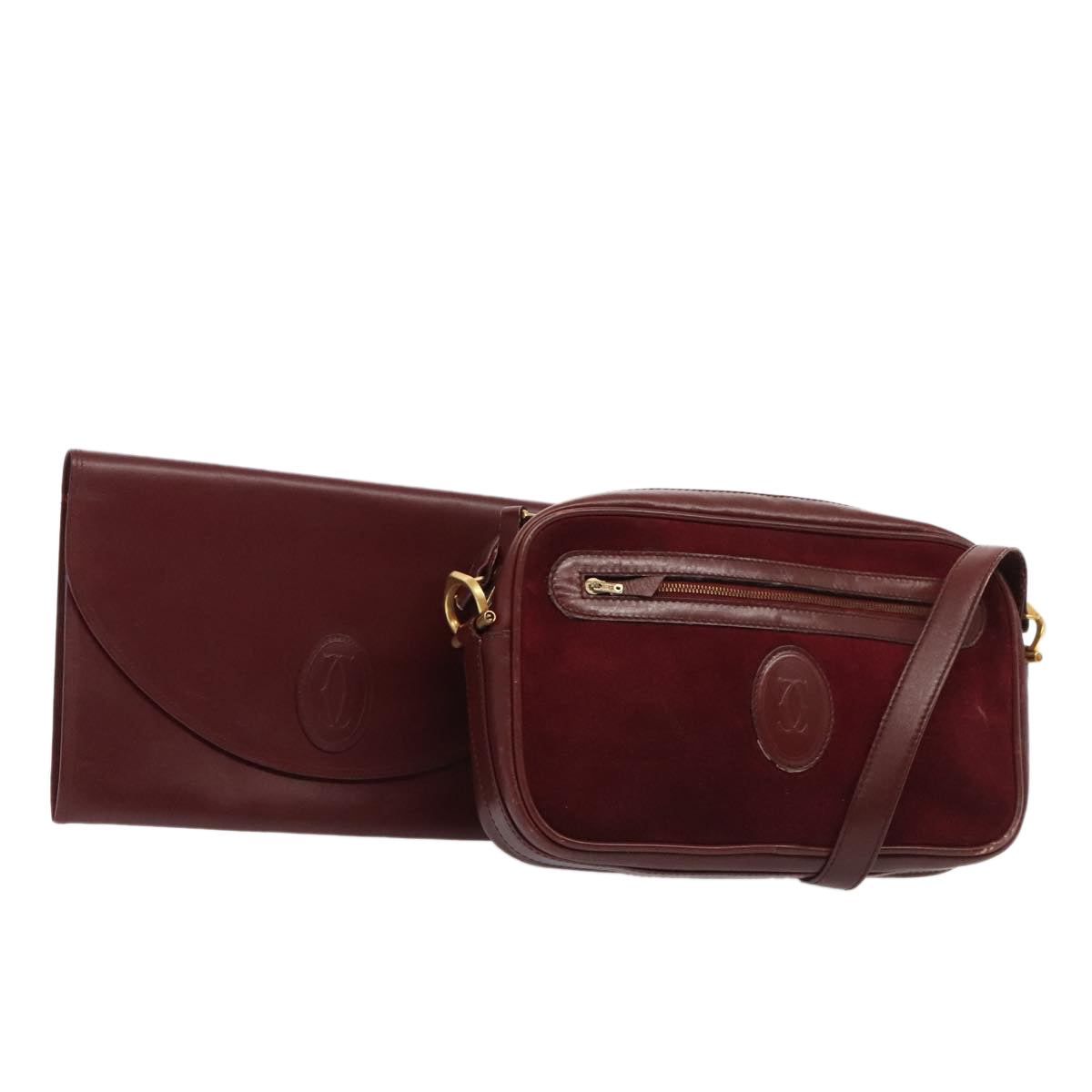 CARTIER Clutch Bag Leather Suede 2Set Bordeaux Auth 88864