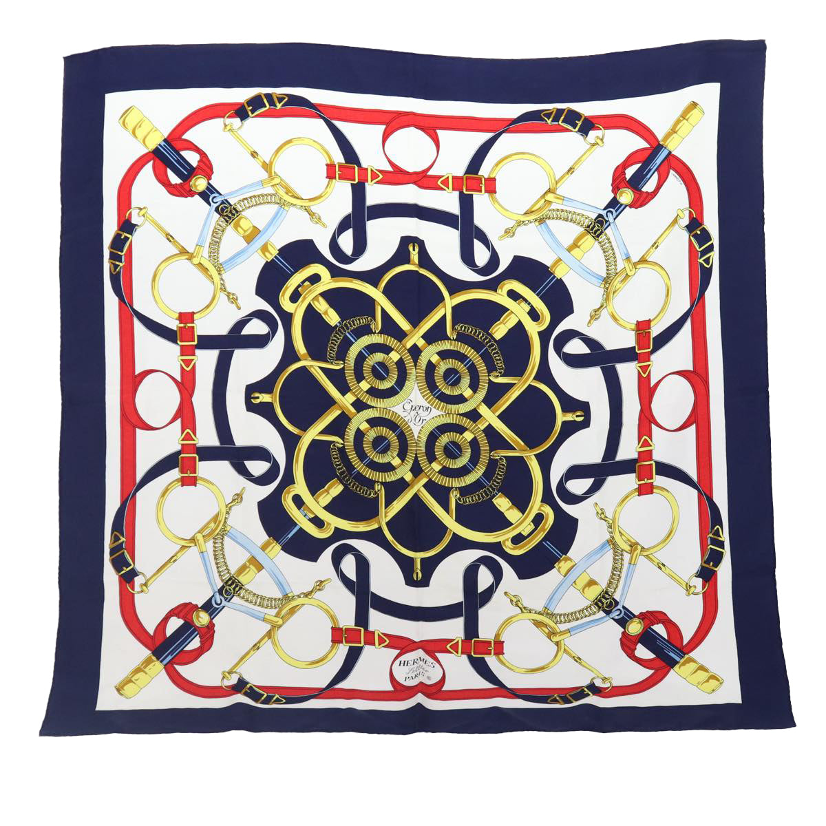 HERMES Carre 90 Scarf ""Eperon d'or Tellier""  Silk Navy Auth 88873