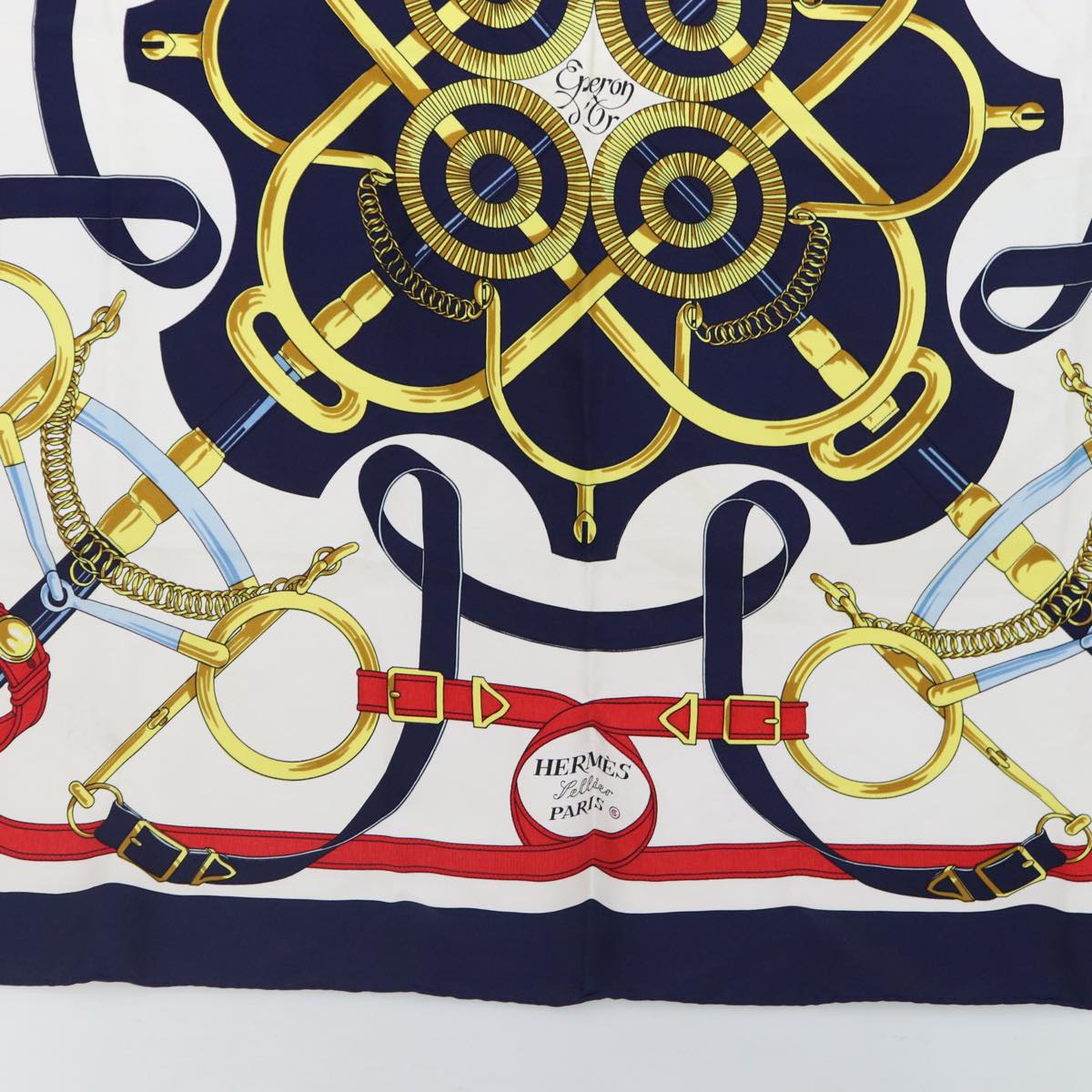 HERMES Carre 90 Scarf ""Eperon d'or Tellier""  Silk Navy Auth 88873