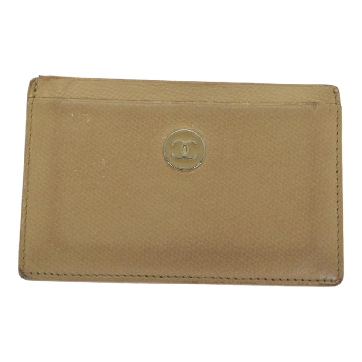 CHANEL Card Case Leather Beige CC Auth 88881