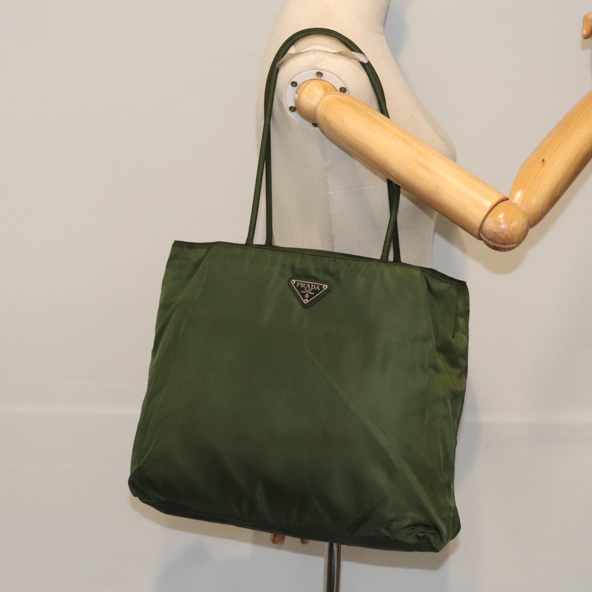 PRADA Tote Bag Nylon Green Silver Auth 88883