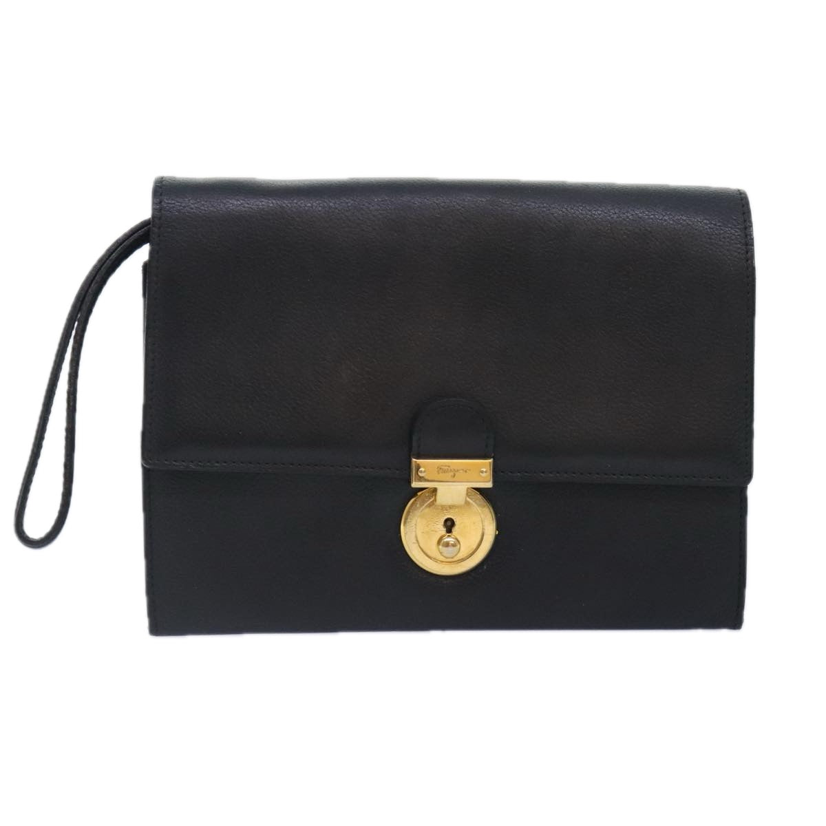 Salvatore Ferragamo Clutch Bag Leather Black Gold Auth 88931