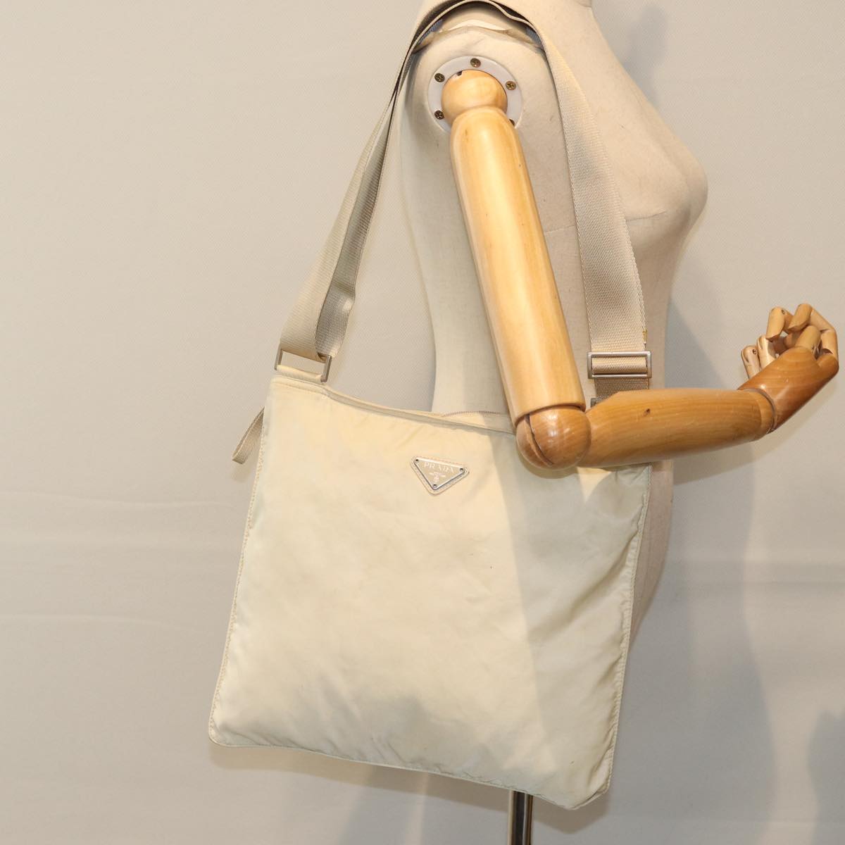 PRADA Shoulder Bag Nylon White Silver Auth 88961