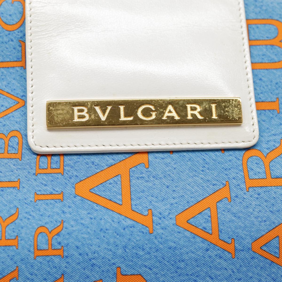 BVLGARI Hand Bag Nylon Leather Blue White Gold Auth 88965