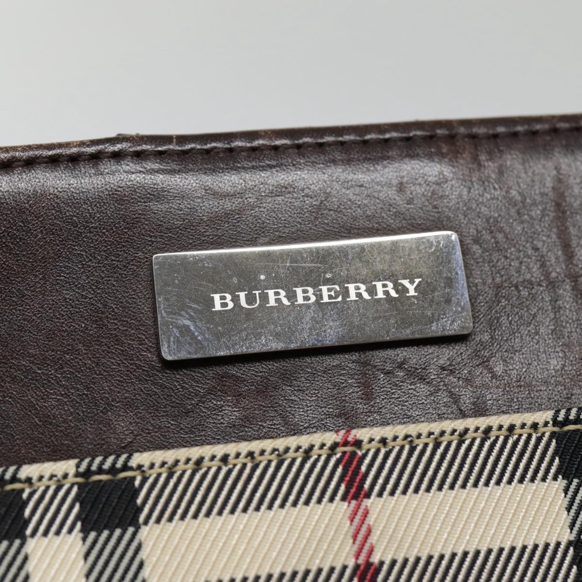 BURBERRY Nova Check Hand Bag Nylon Leather Beige Silver Auth 88966