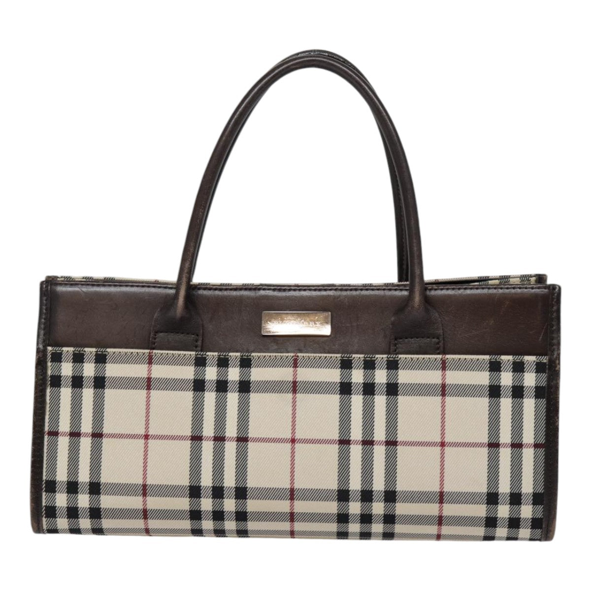 BURBERRY Nova Check Hand Bag Nylon Leather Beige Silver Auth 88966