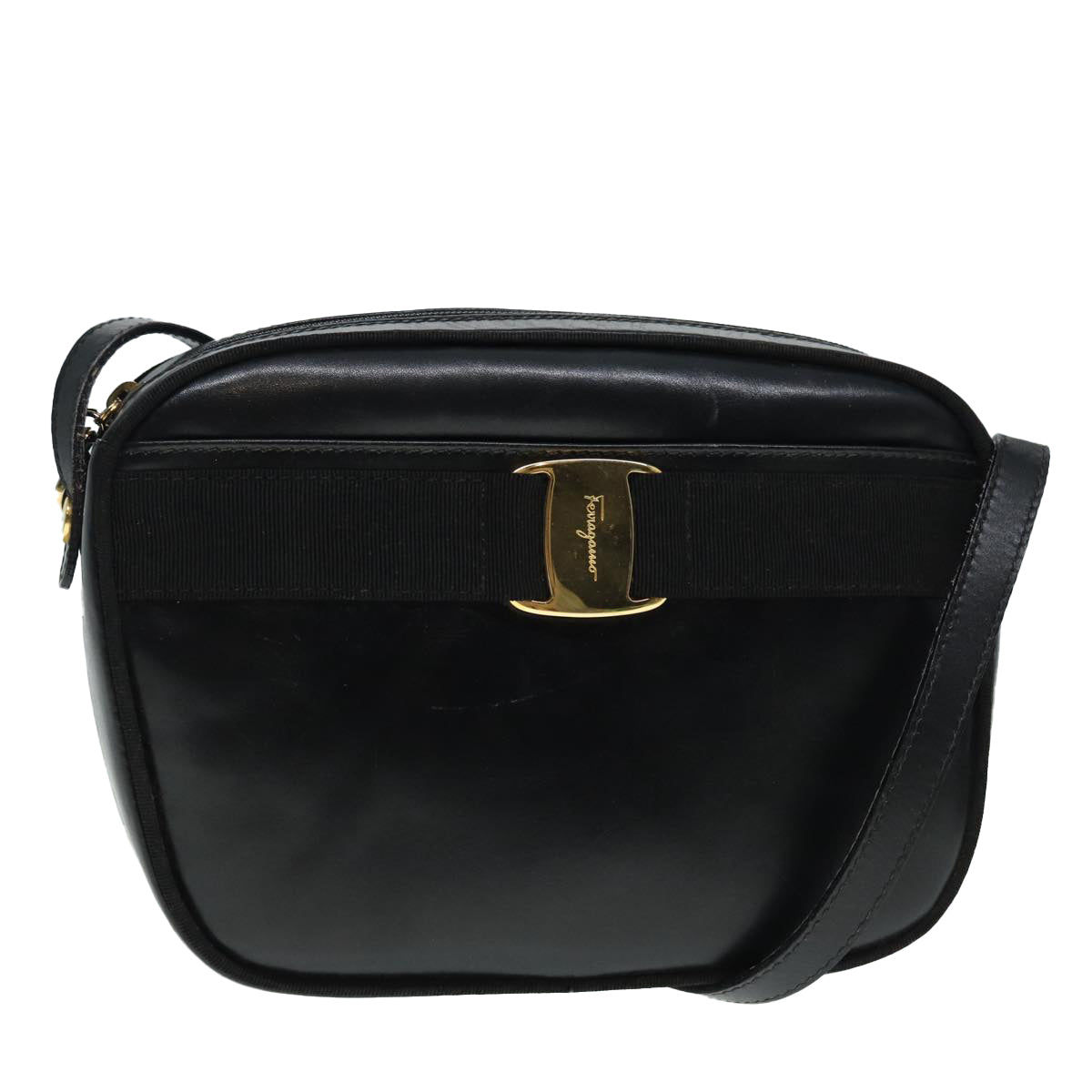 Salvatore Ferragamo Shoulder Bag Leather Black Gold Auth 88974