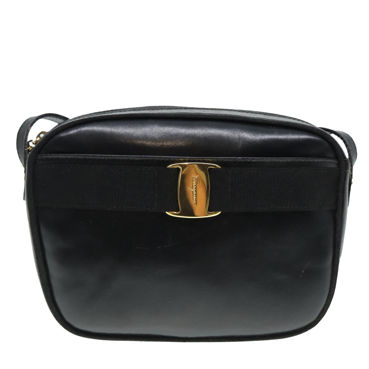 Salvatore Ferragamo Shoulder Bag Leather Black Gold Auth 88974