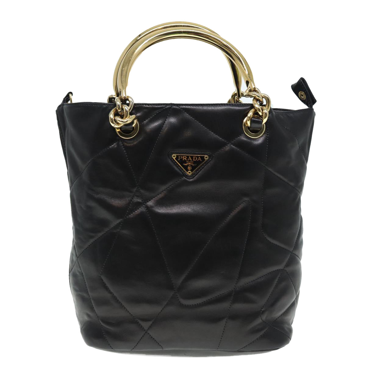 PRADA Hand Bag Leather Black Gold Auth 89038