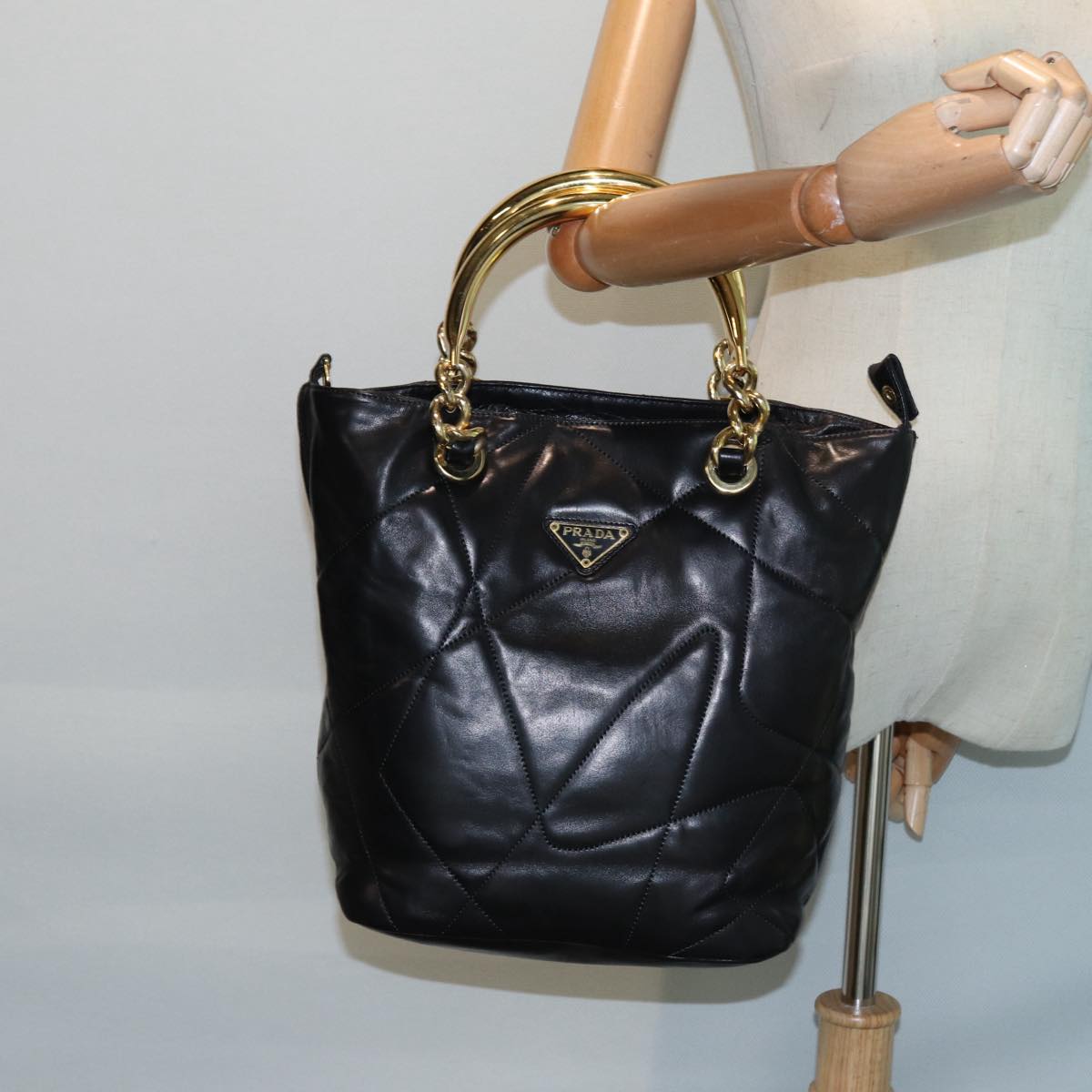 PRADA Hand Bag Leather Black Gold Auth 89038