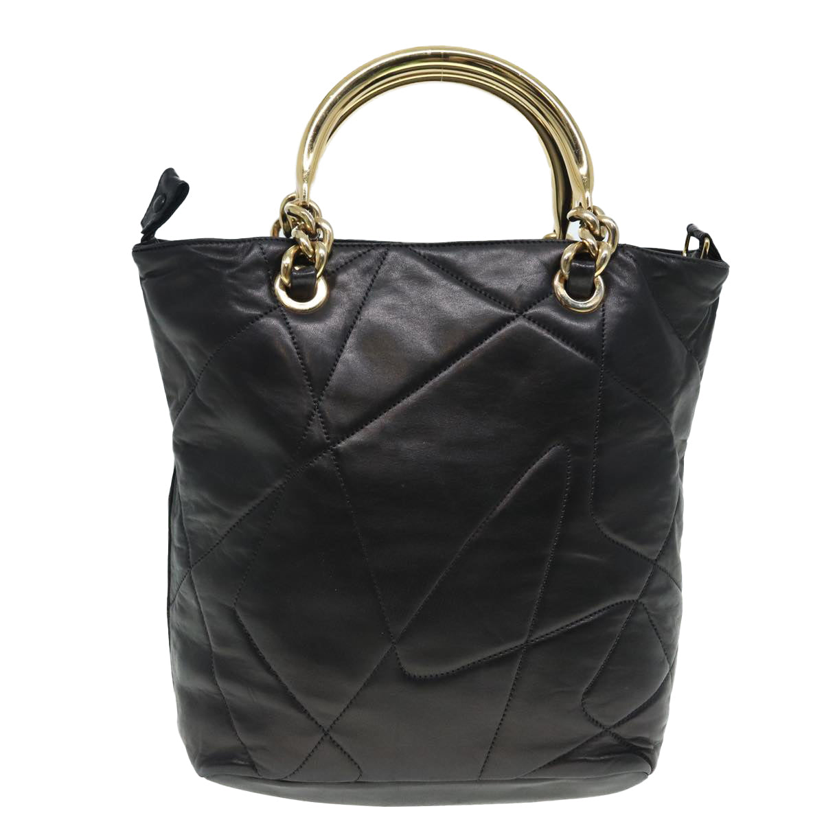 PRADA Hand Bag Leather Black Gold Auth 89038 - 0