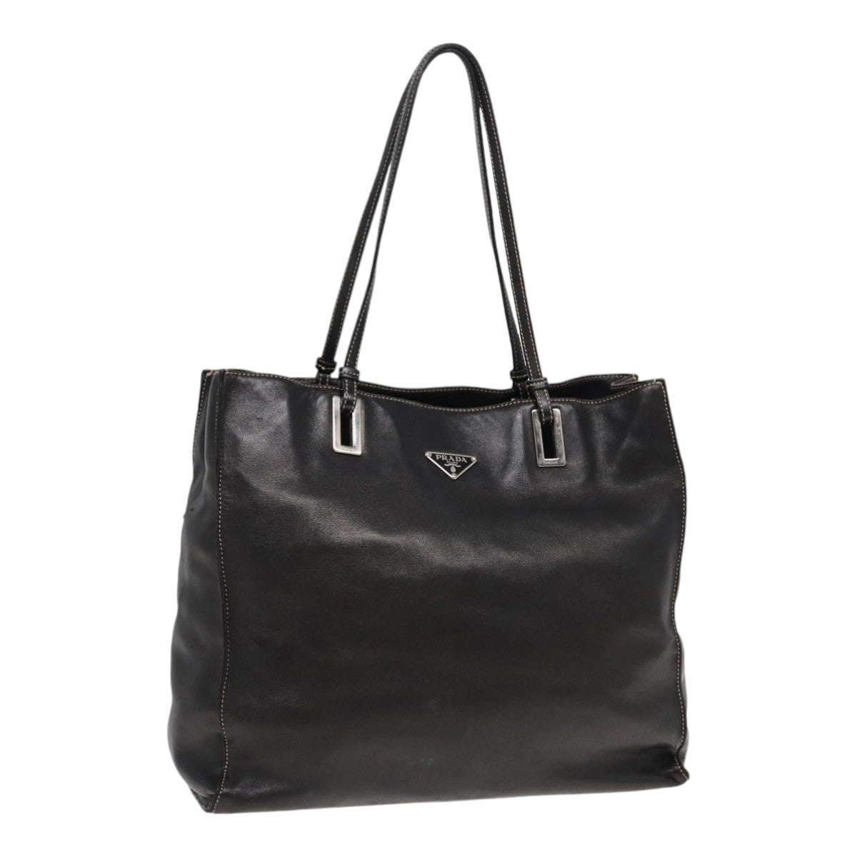 PRADA Tote Bag Leather Black Silver Auth 89039