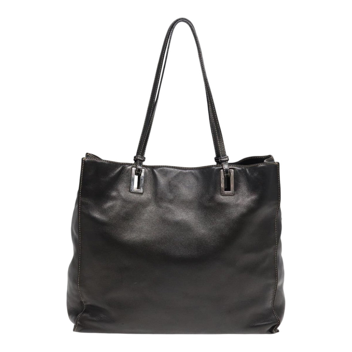 PRADA Tote Bag Leather Black Silver Auth 89039 - 0