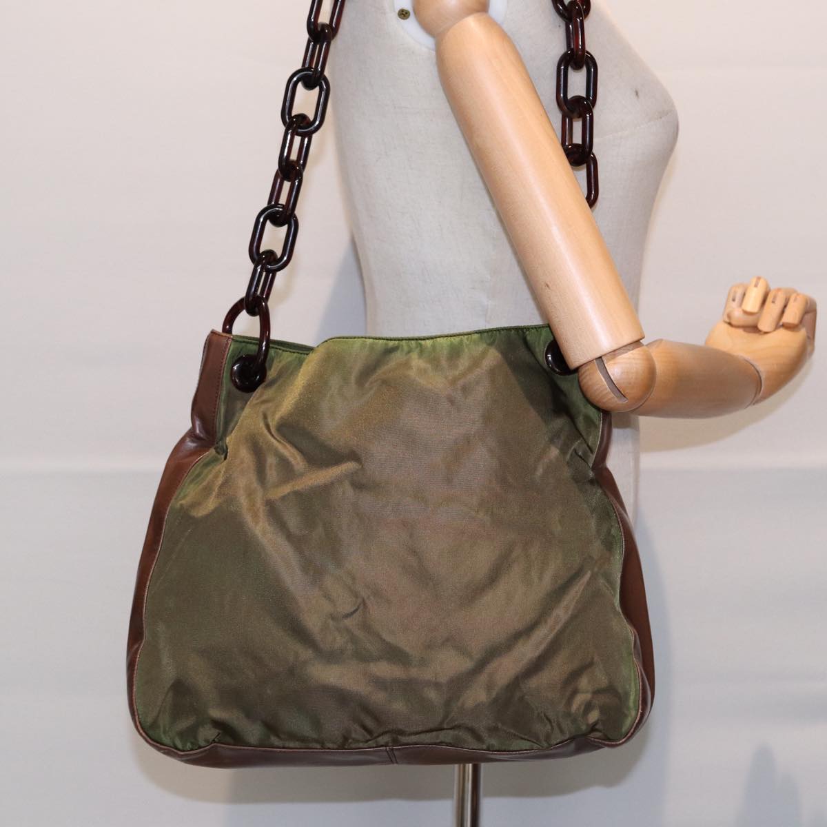 PRADA Shoulder Bag Nylon Leather Green Auth 89043