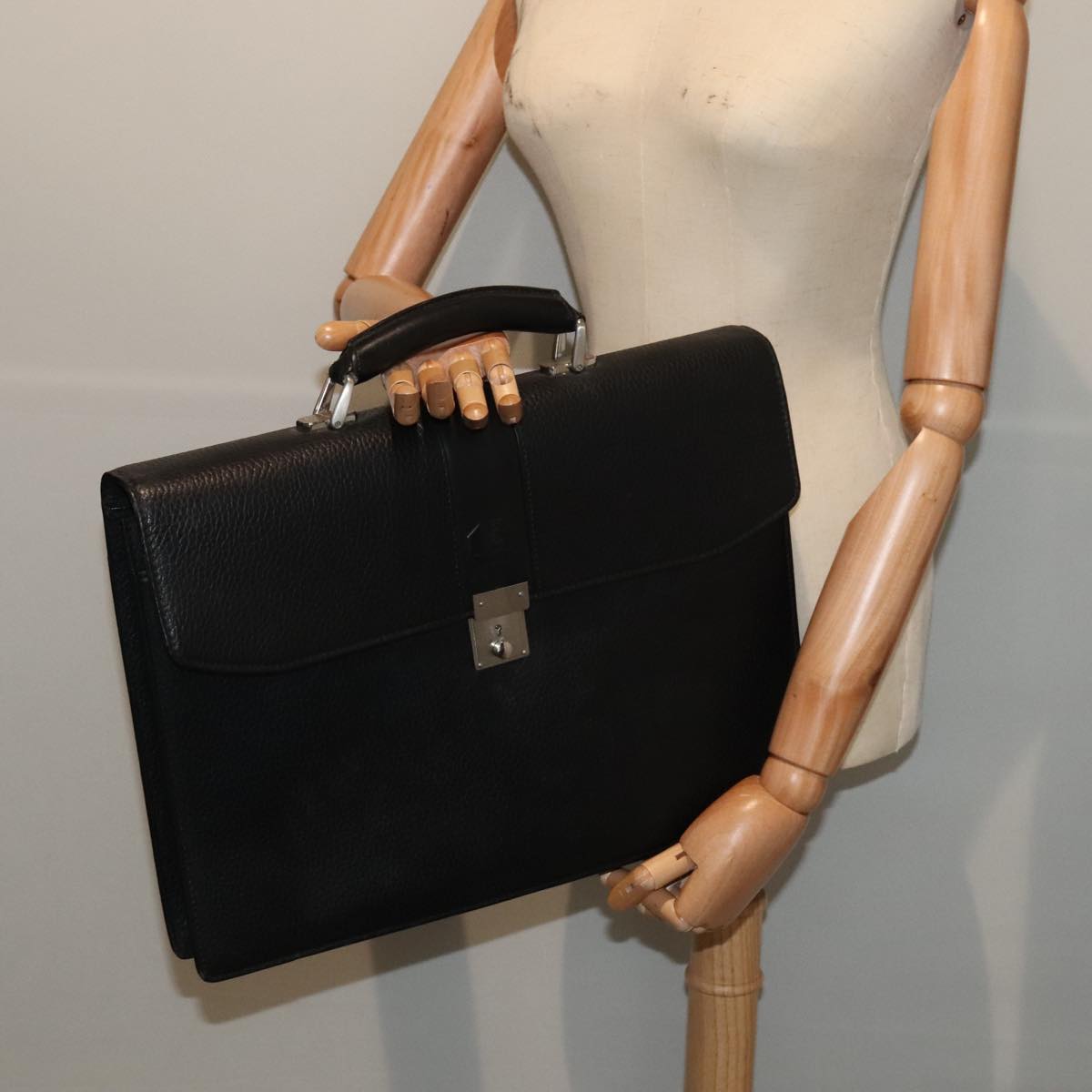 BURBERRY Business Bag Leather Black Silver Auth 89046