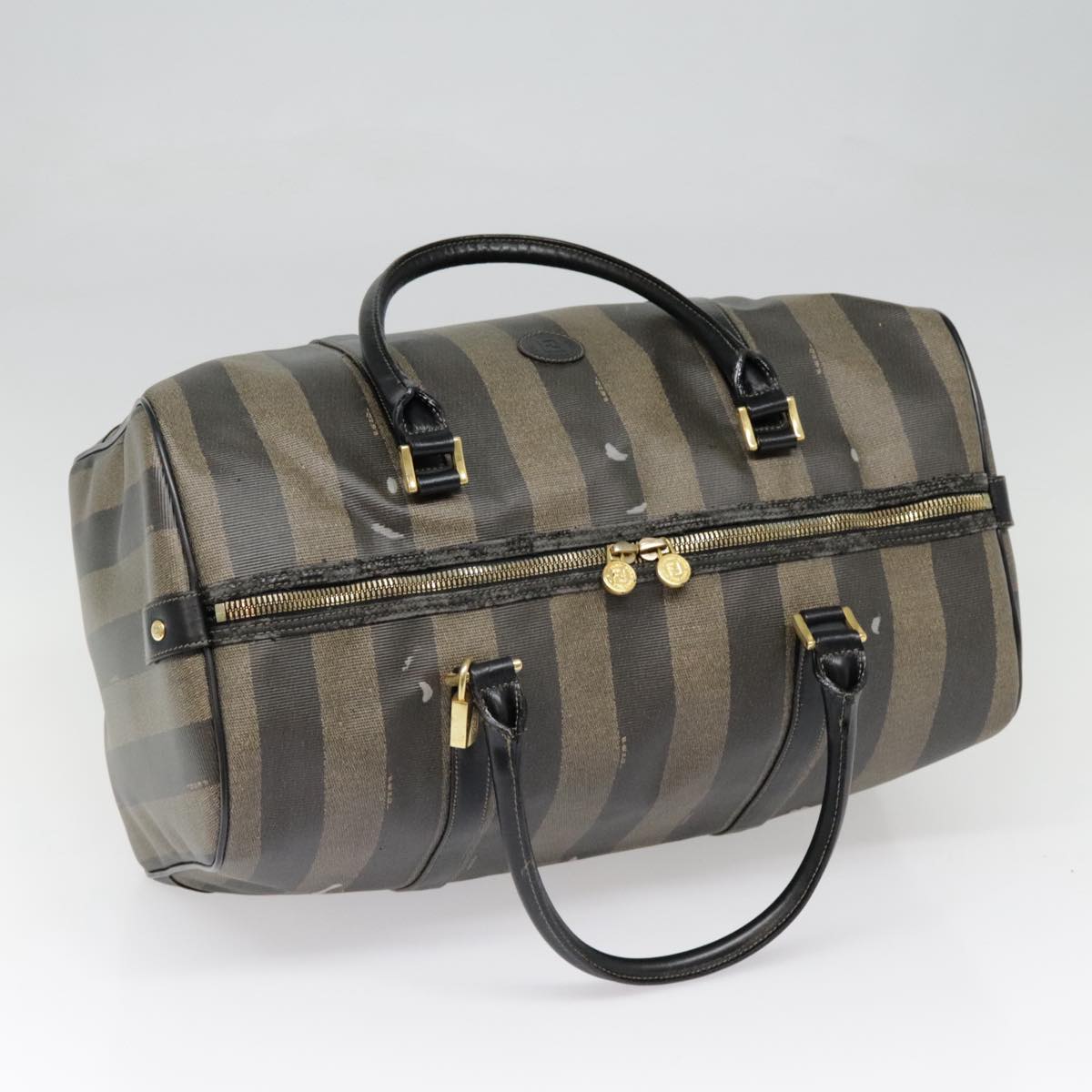 FENDI Pecan Canvas Boston Bag Brown Black gold Auth 89050