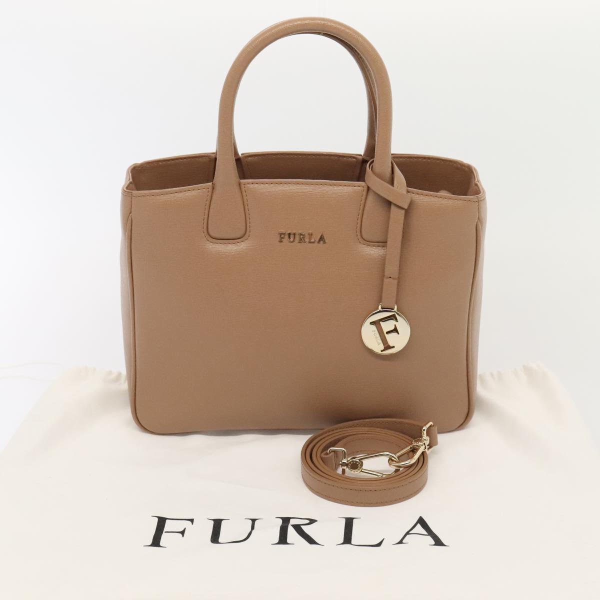 FURLA Hand Bag Leather 2way Beige Gold Auth 89062