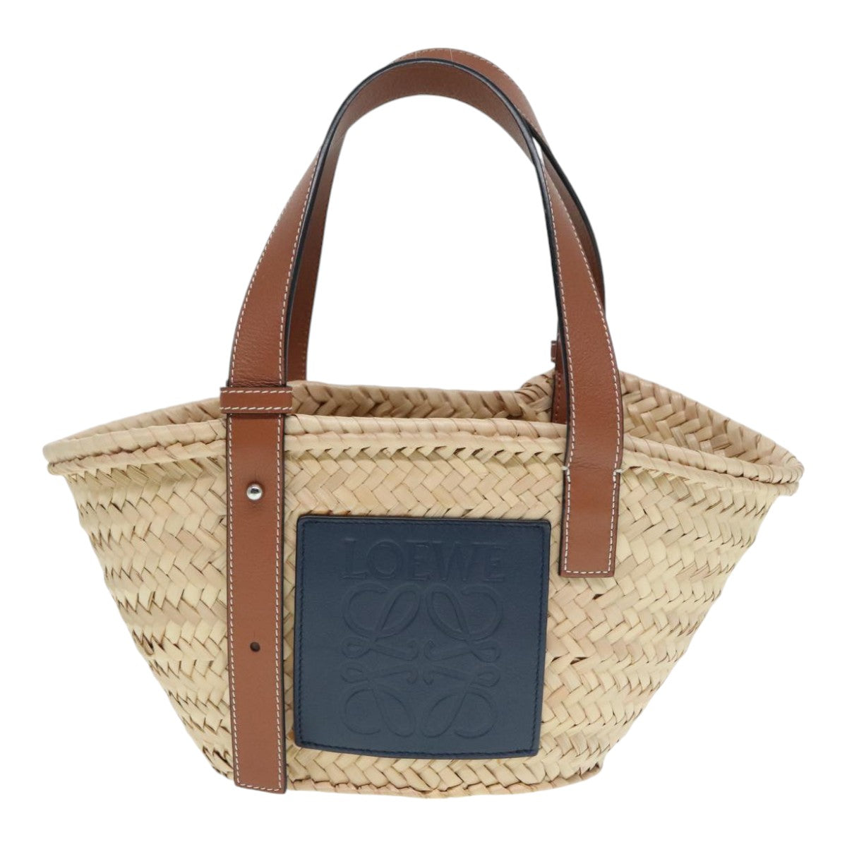 LOEWE Basket Bag Raffia Leather Beige Navy Silver Auth 89067