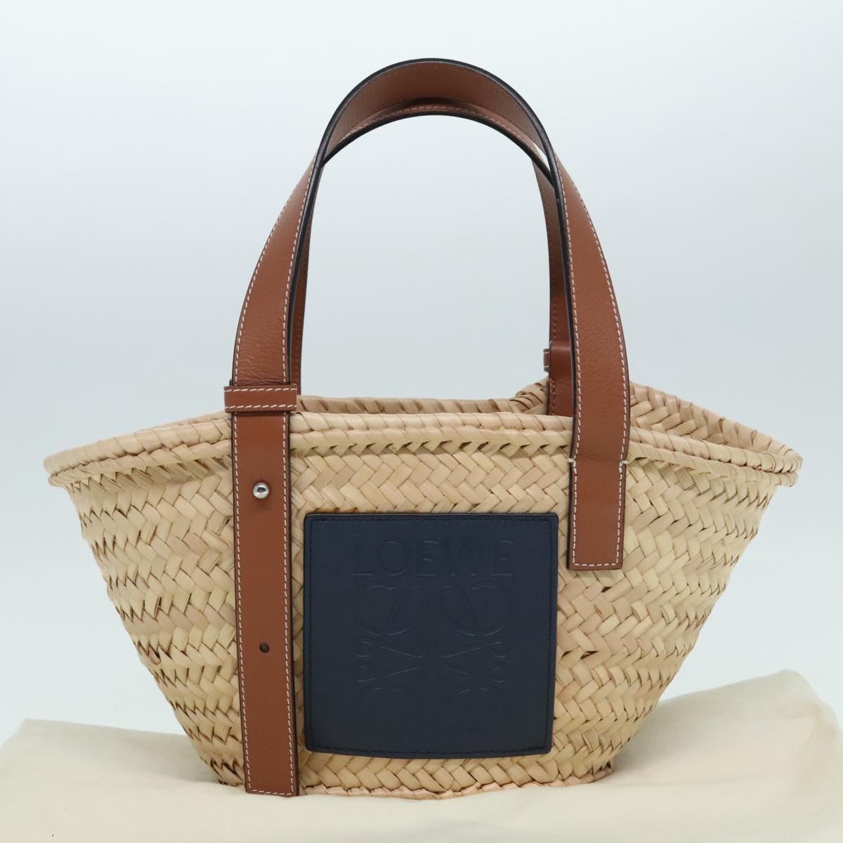 LOEWE Basket Bag Raffia Leather Beige Navy Silver Auth 89067