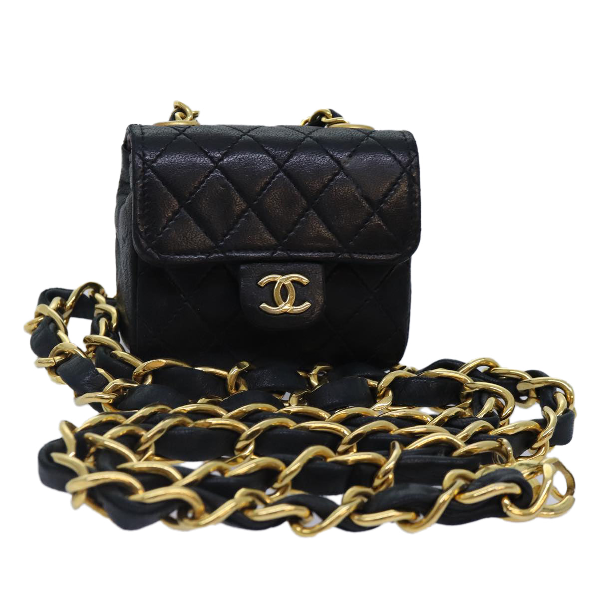 CHANEL Mini Mini Matelasse Chain Pouch Lamb Skin Black Gold CC Auth 89068A