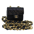 CHANEL Mini Mini Matelasse Chain Pouch Lamb Skin Black Gold CC Auth 89068A-1