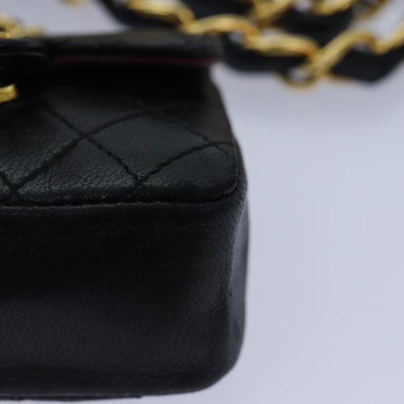 CHANEL Mini Mini Matelasse Chain Pouch Lamb Skin Black Gold CC Auth 89068A