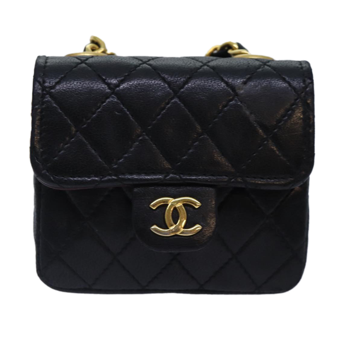 CHANEL Mini Mini Matelasse Chain Pouch Lamb Skin Black Gold CC Auth 89068A